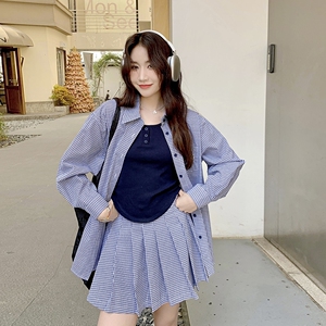 蓝色复古格纹衬衫套装裙女2025年夏季新款韩系学院风百褶裙两件套图片