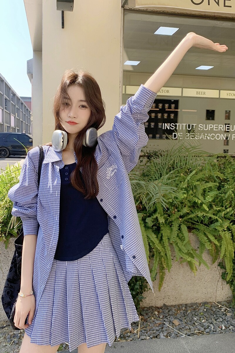 蓝色复古格纹衬衫套装裙女2025年夏季新款韩系学院风百褶裙两件套,女装套装/套裙,2C282