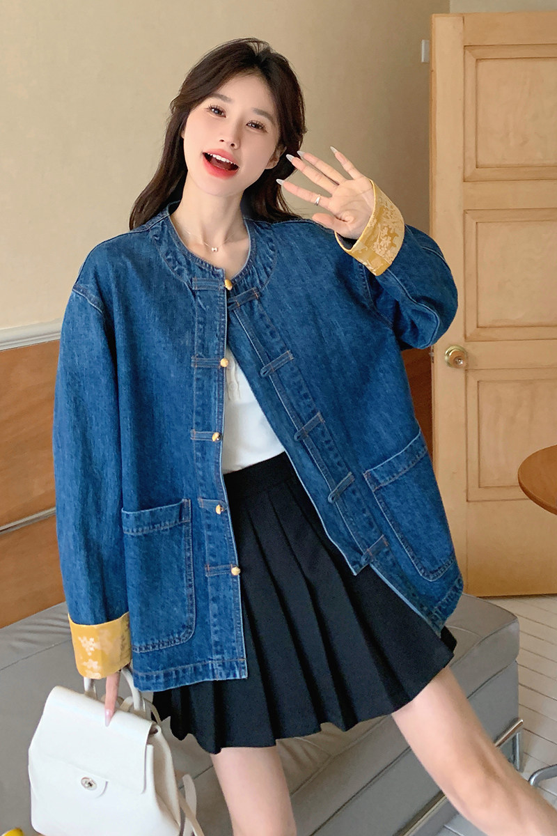新中式盘扣牛仔拼接上衣2C282-810P145K198,女装短外套,2C282