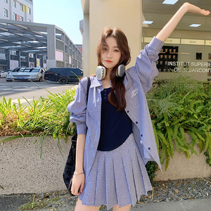 蓝色复古格纹衬衫套装裙女2025年夏季新款韩系学院风百褶裙两件套图片