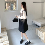 黑色小香风背带裙套装女2025春秋新款小个子白色衬衫显瘦两件套潮，女装套装/套裙，2C282
