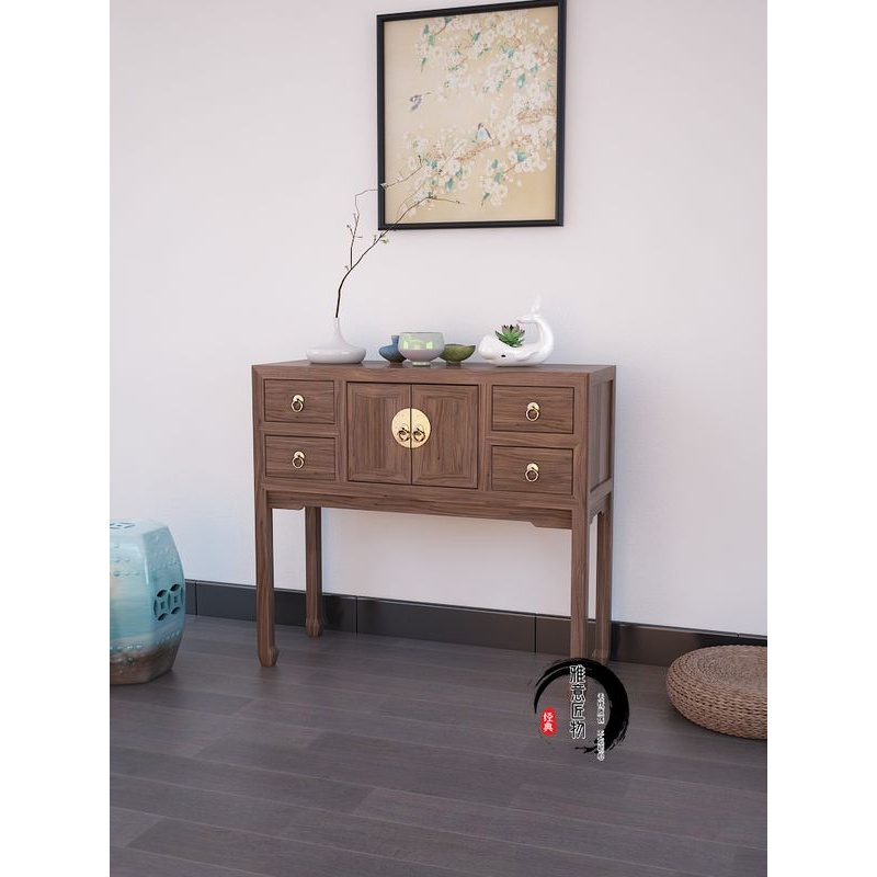 新中式老榆木玄关桌实木超窄供桌黑胡桃小端景台条几案过道装饰柜