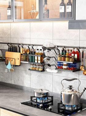 黑色厨房挂件置物架不锈钢挂杆挂钩挂架碗碟架沥水架壁挂式免打孔