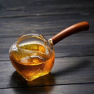 手工玻璃公道杯锤纹木柄侧把茶具茶器茶海分茶器