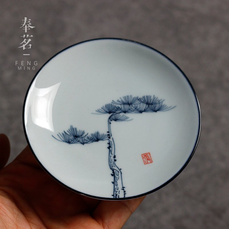奉茗仿古手绘青花圆形配件功夫垫隔热杯烫陶瓷茶具垫子茶杯茶道防