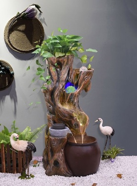 新中式禅意景观流水摆件循环水喷泉客厅花园阳台落地木桩装饰水景