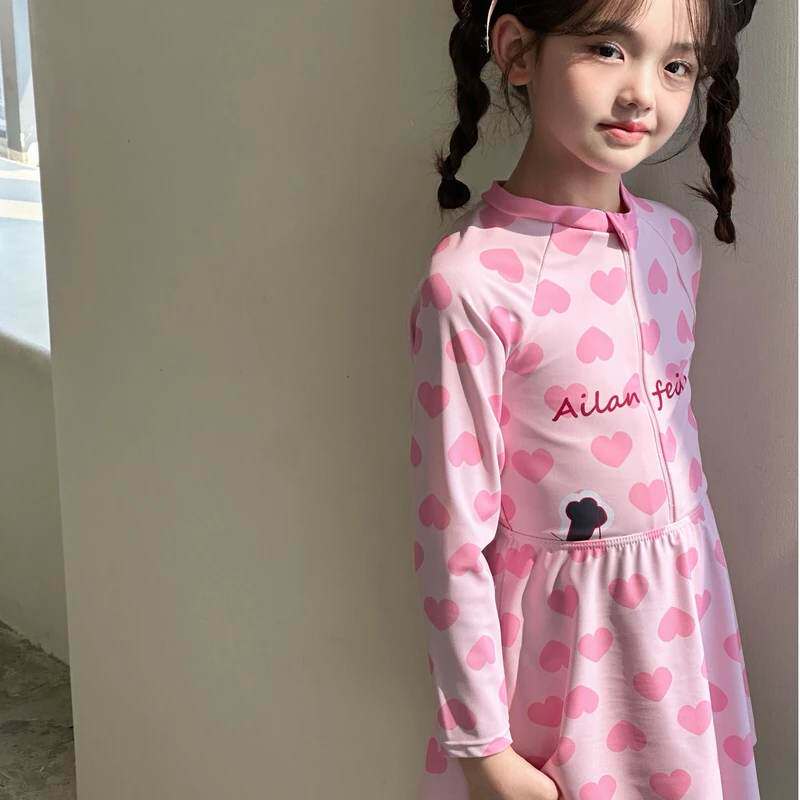 高能感女童泳衣连体防晒女孩长袖游泳平角速干冰凉感泳衣