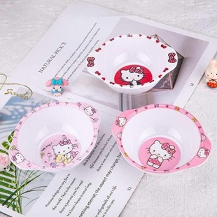 厂家直供双耳汤碗儿童餐具 美耐皿防摔饭碗隔热卡通碗宝宝kitty碗