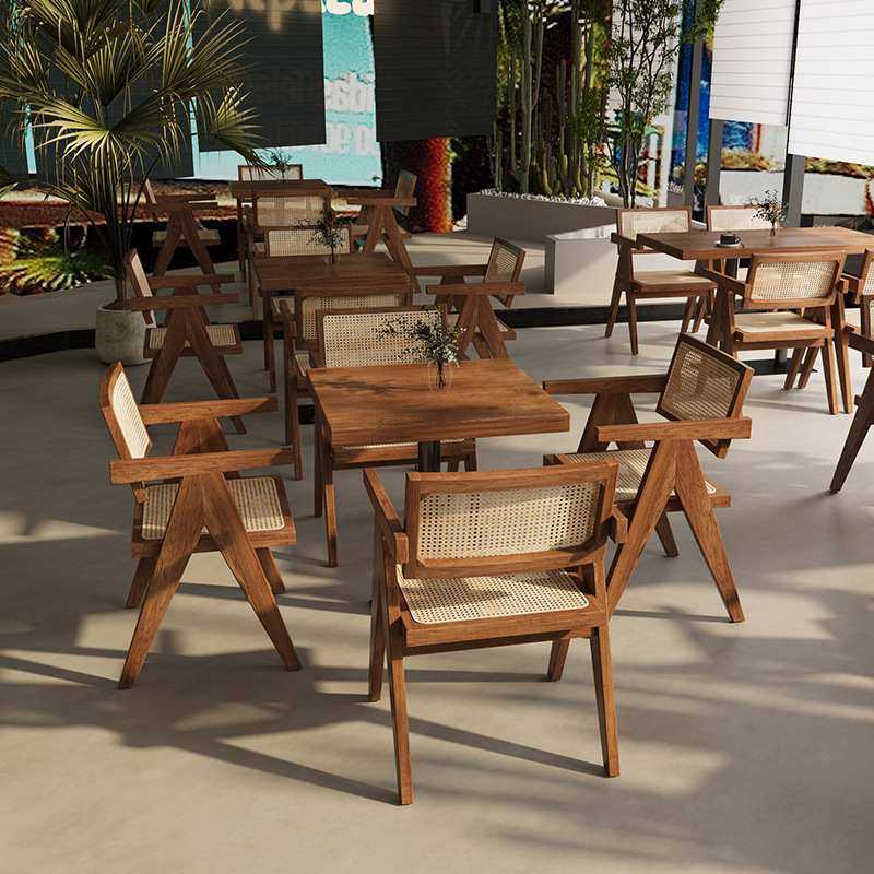 复古侘寂风洽谈实木西餐厅商用咖啡厅桌椅组合休息区藤编桌椅酒吧
