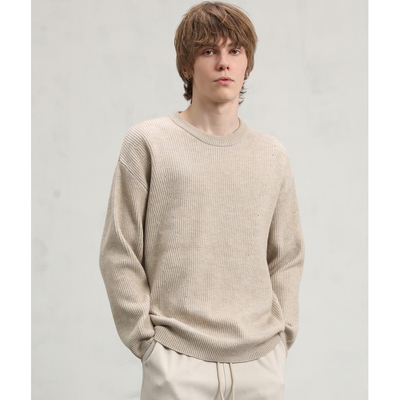 CAKUNTA双色纱织坑条纹圆领毛衣