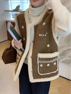 马甲女2026秋冬新款 刺绣百搭麂皮绒复合加绒马甲保暖坎肩马夹 时尚