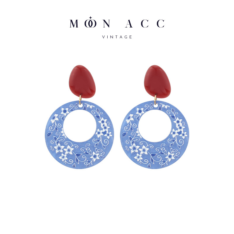 MOON ACC/红蓝撞色青花瓷几何耳钉新中式国风夸张气质耳环无耳洞