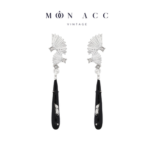 银色折扇水钻耳环复古国风精致黑色水滴耳饰耳夹 新中式 MOON ACC