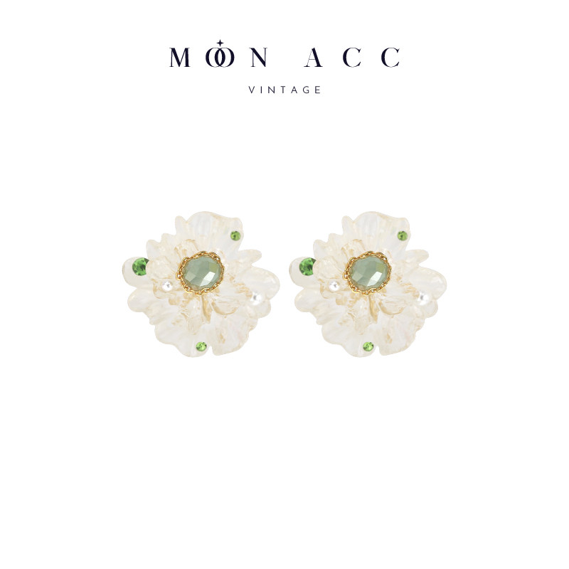 MOON ACC/森系绿宝石透亮花朵耳钉小众设计感超仙气质耳饰耳夹女