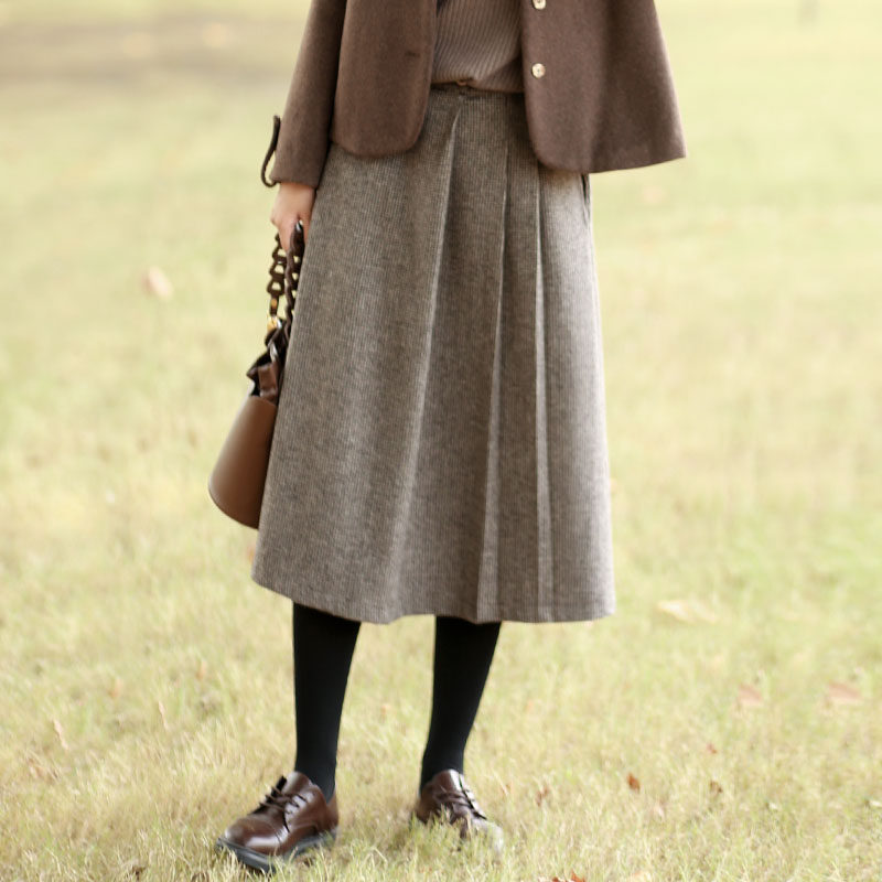 A字中长款复古千鸟格毛呢半身裙