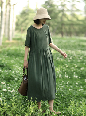 墨绿色气质长裙a字宽松铜氨丝连衣裙女夏 裙子女夏季新款连身裙