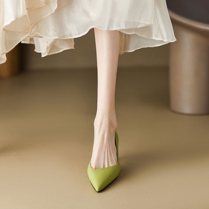 IOUYOH LIGHT BROWN SILK SHEEPSKIN HIGH HEELS WOMENS 2023 NEW VERSATILE POINTED TOE STILETTO OL SINGLE SHOES 7CM