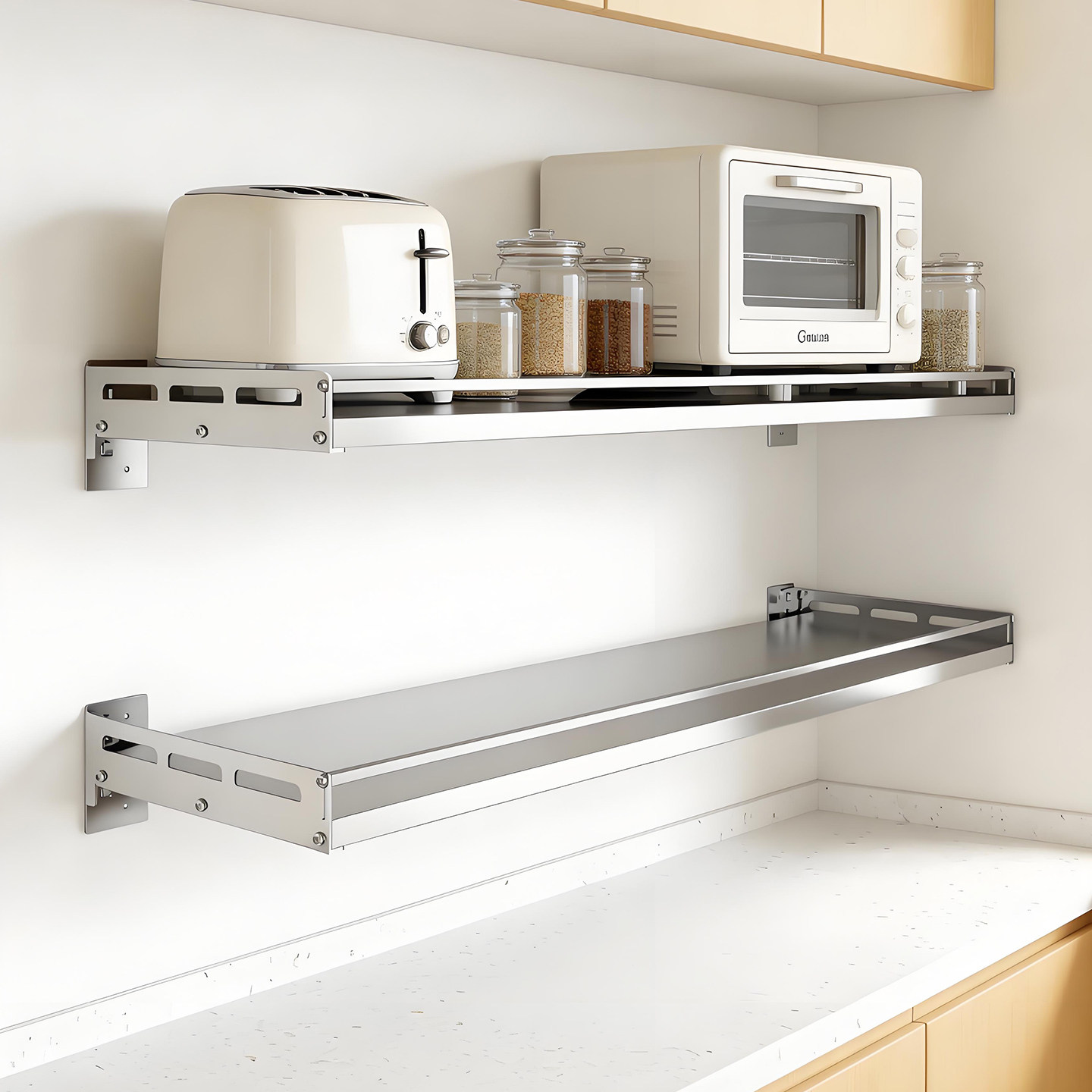 304不锈钢厨房置物架壁挂式微波炉架烤箱收纳架墙上免打孔调料架