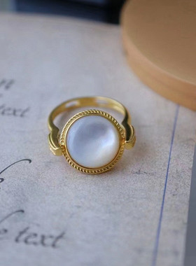 女纯银镀金天然白贝戒指吊坠两用