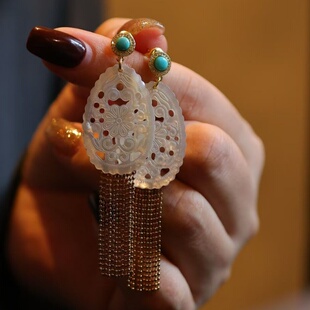 925银镀金天然原矿绿松海水白贝流苏耳钉原创设计小众高级感耳饰