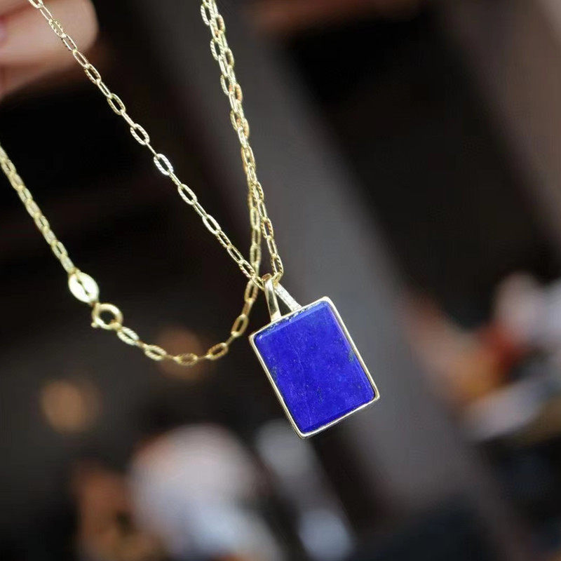 轻奢小众设计925纯银镀金老矿天然青金石几何型无事牌锁骨链简约