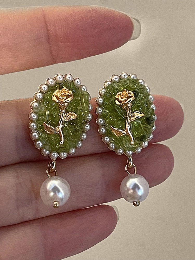 [슈퍼 페어리] S  장미 꽃 진주 귀걸이 틈새 디자인 하이 엔드 레트로 홍콩 스타일 녹색 귀 클립