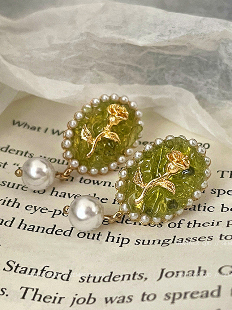 [슈퍼 페어리] S  장미 꽃 진주 귀걸이 틈새 디자인 하이 엔드 레트로 홍콩 스타일 녹색 귀 클립