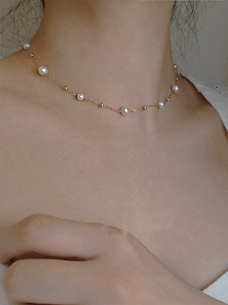 의 숨결을 담은 일본과 한국의 4K 금으로 채워진 진주 목걸이 가벼운 럭셔리 틈새 심플한 인터넷 연예인 틈새 디자인 목걸이