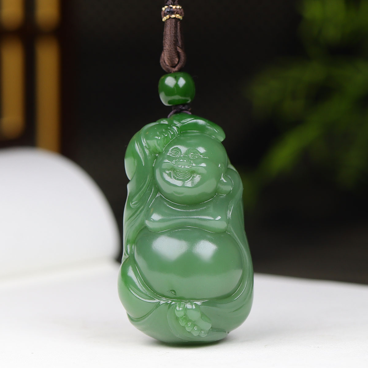 (古晨珠宝)俄罗斯和田玉碧玉弥勒佛挂件吊坠玉坠天生福相49g