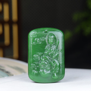 俄罗斯和田玉阳绿碧玉文殊菩萨挂件玉牌守护神吊坠46g 古晨珠宝
