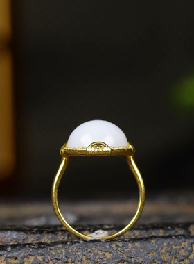 （古晨珠宝）新疆和田玉羊脂白玉18k蛋面戒指女款4g
