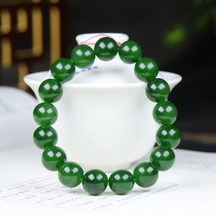 俄罗斯和田玉菠菜绿碧玉圆珠手串手链诸事如意45g11mm 古晨珠宝