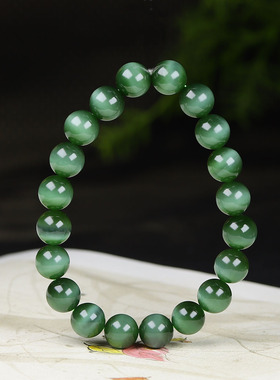 （古晨珠宝）俄罗斯和田玉碧玉蓝猫圆珠手串手链诸事顺意31g10mm