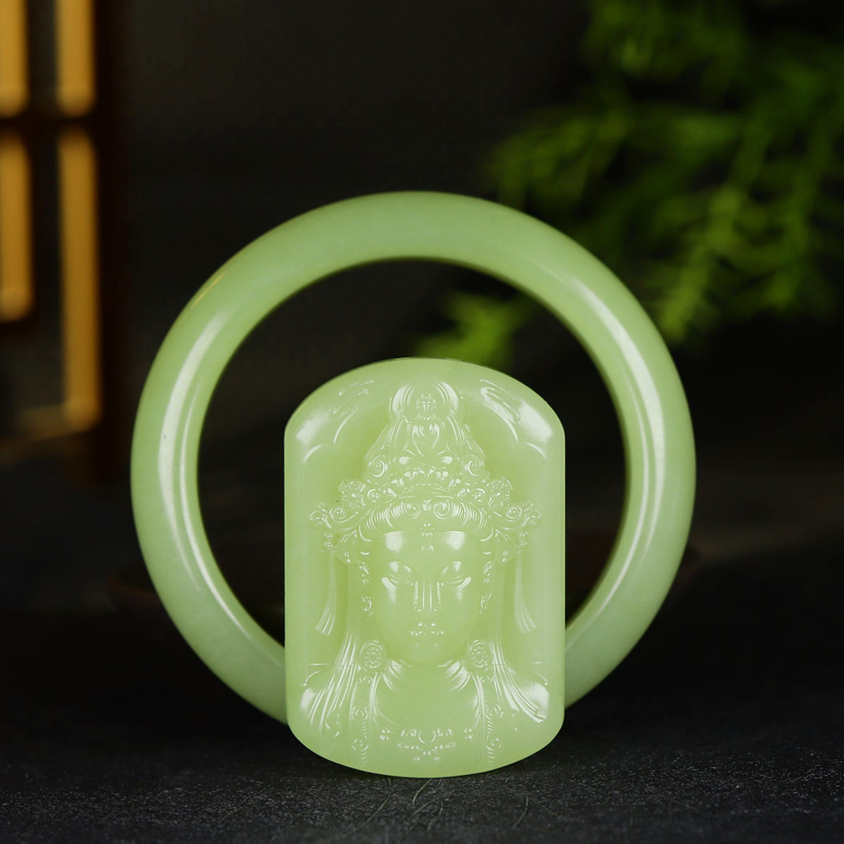 (古晨珠宝)新疆和田玉若羌黄玉手镯观音吊坠套装59mm130g