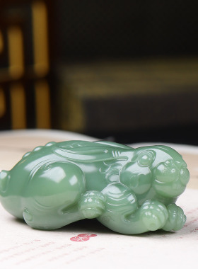 （古晨珠宝）俄罗斯和田玉粉青碧玉兔子把件手玩瑞兽送福100g