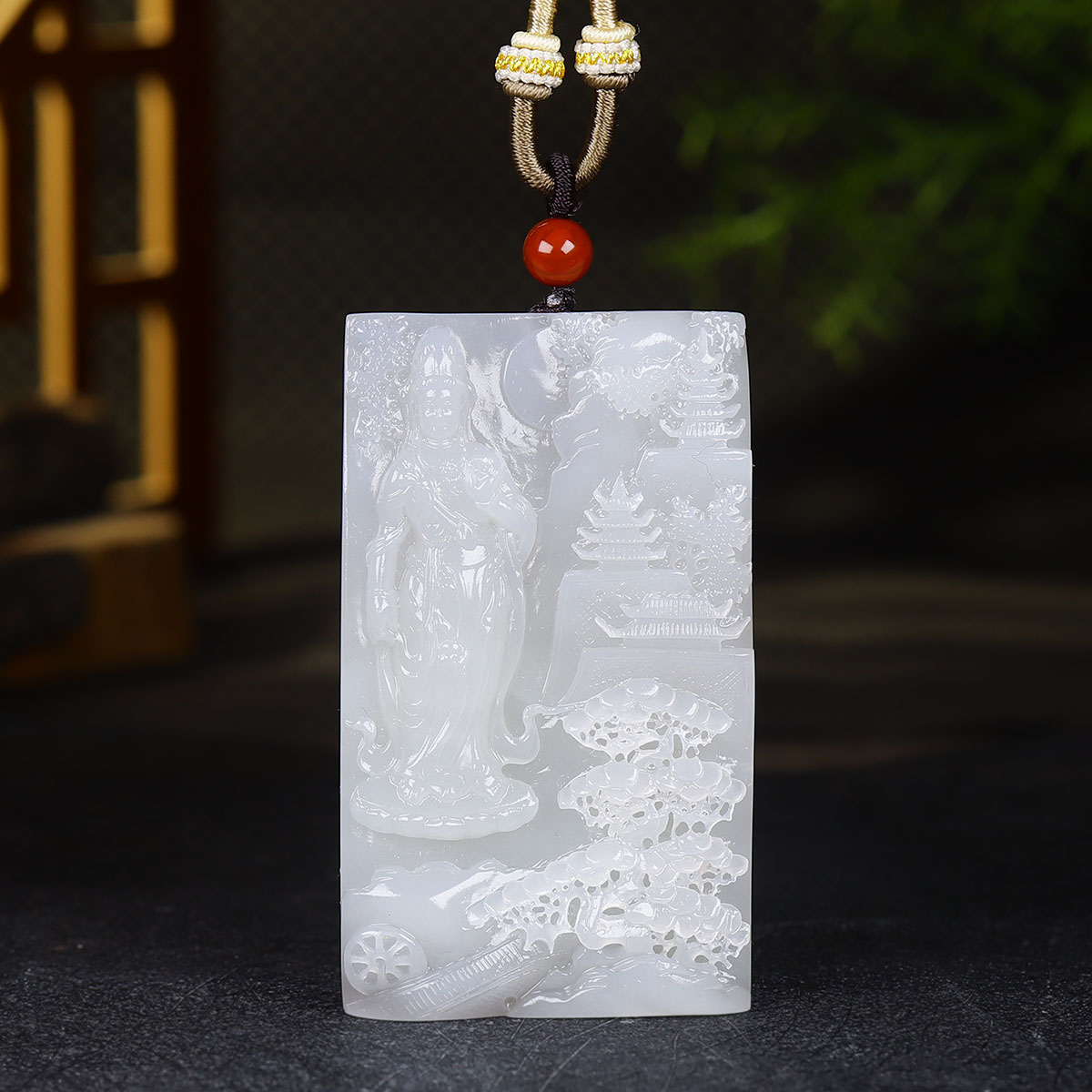 （古晨珠宝）青海和田玉冰烟紫观音挂件吊坠玉坠玉牌普度众生103g