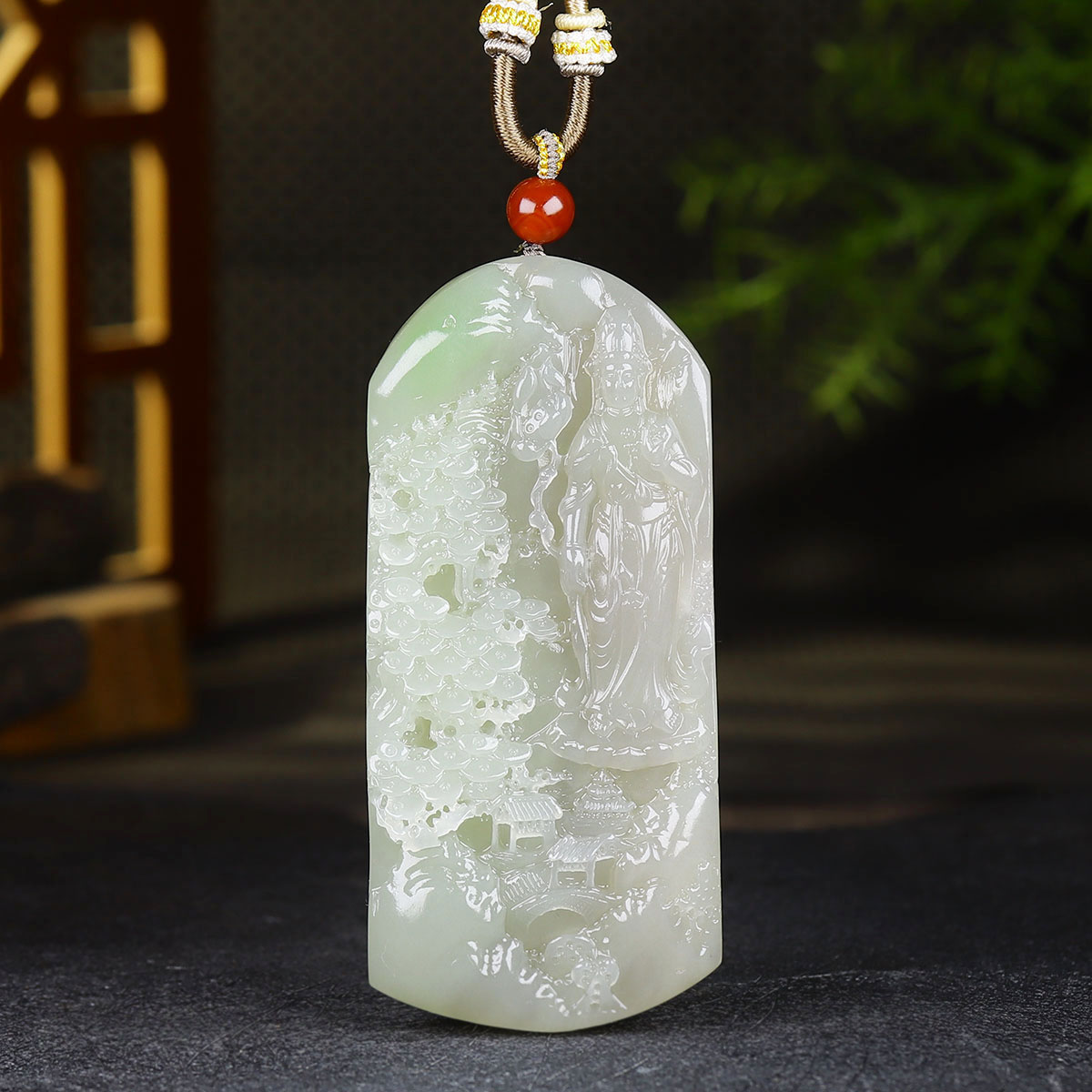 （古晨珠宝）青海和田玉烟紫翠青观音玉牌吊坠玉坠普度众生102g