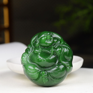 (古晨珠宝) 俄罗斯和田玉菠菜绿碧玉弥勒佛挂件玉坠天生福相84g