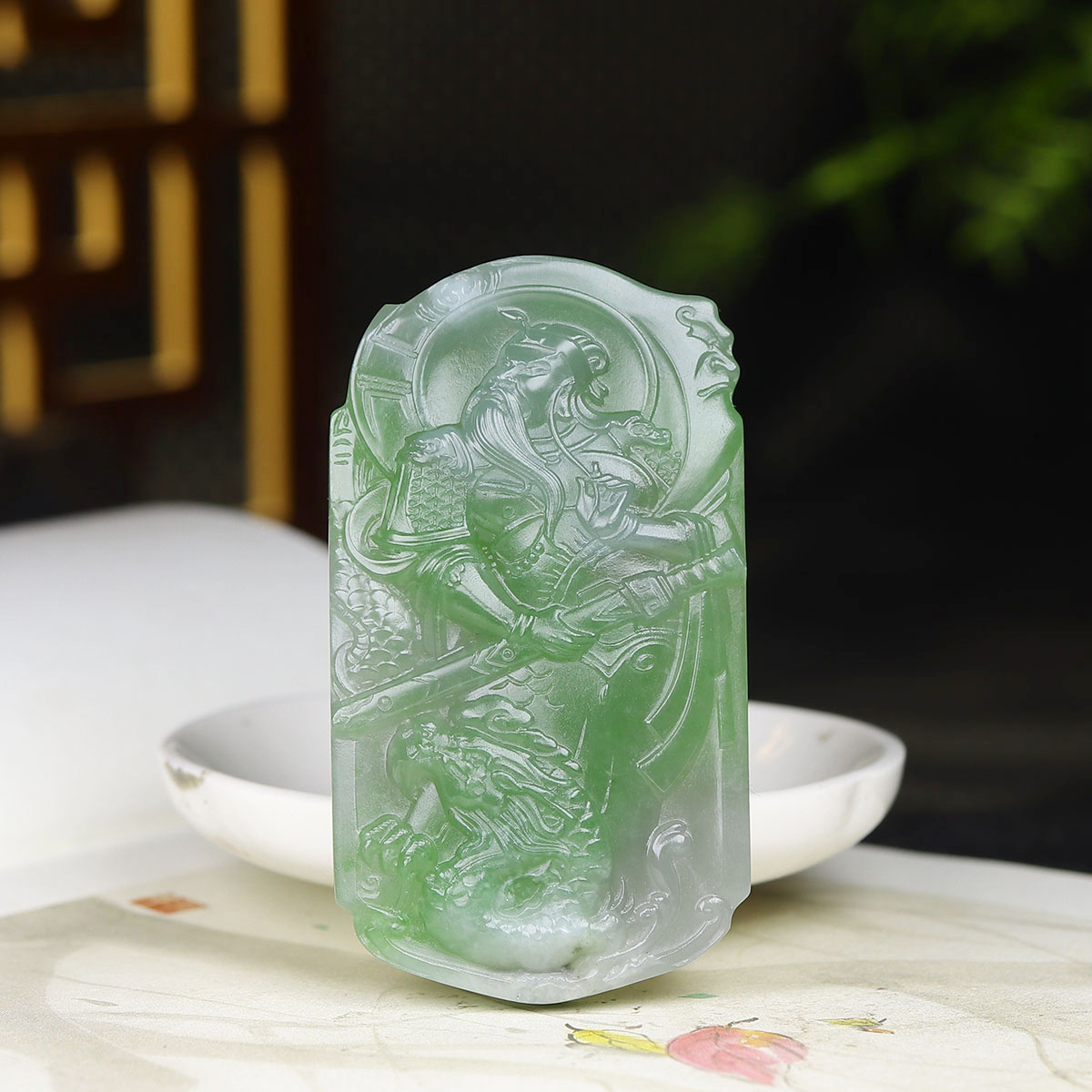（古晨珠宝）青海和田玉翠青关公挂件玉牌吊坠玉坠忠义千秋77g