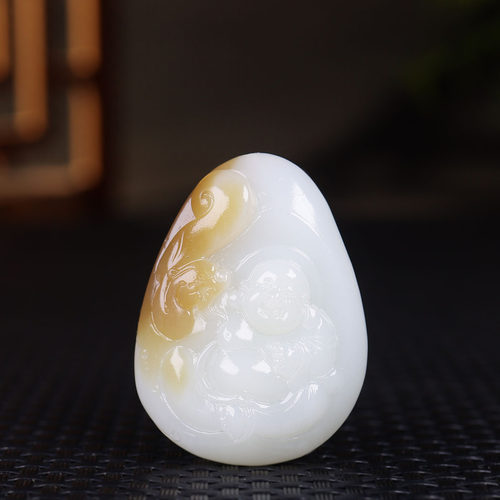 （古晨珠宝)新疆和田玉且末糖白玉弥勒佛挂件吊坠玉坠天生福相35g