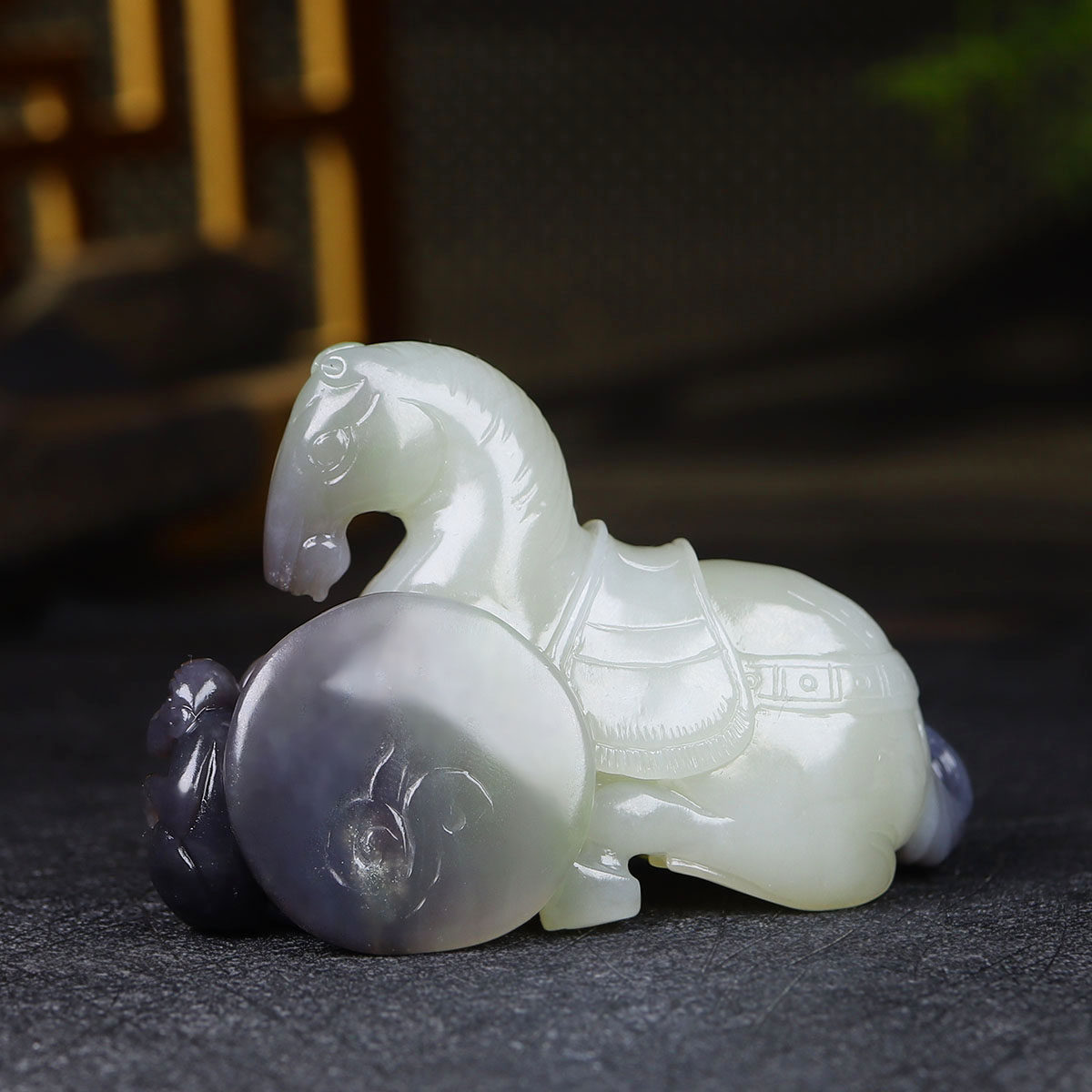 (古晨珠宝)青海和田玉烟紫生肖马把件手玩摆件马上封侯147g