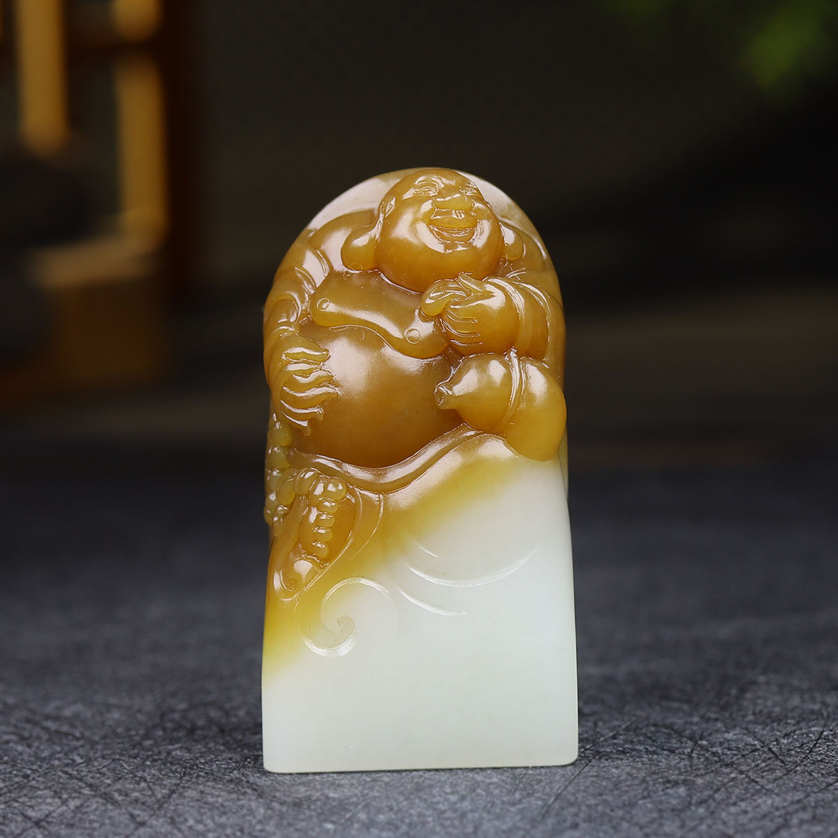 （古晨珠宝）新疆和田玉且末糖白玉弥勒佛印章摆件笑口常开87g