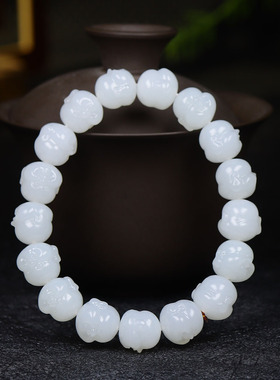 （古晨珠宝）新疆和田玉羊脂白玉佛头手串手链珠帘富贵47g12mm