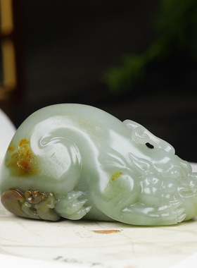 （古晨珠宝）新疆和田玉青白玉籽料貔貅把件手玩瑞兽赐福148g