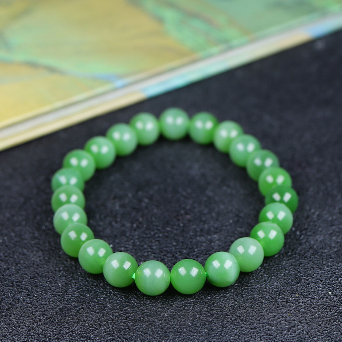 （古晨珠宝）俄罗斯和田玉猫眼碧玉圆珠手串手链珠连富贵17g8mm