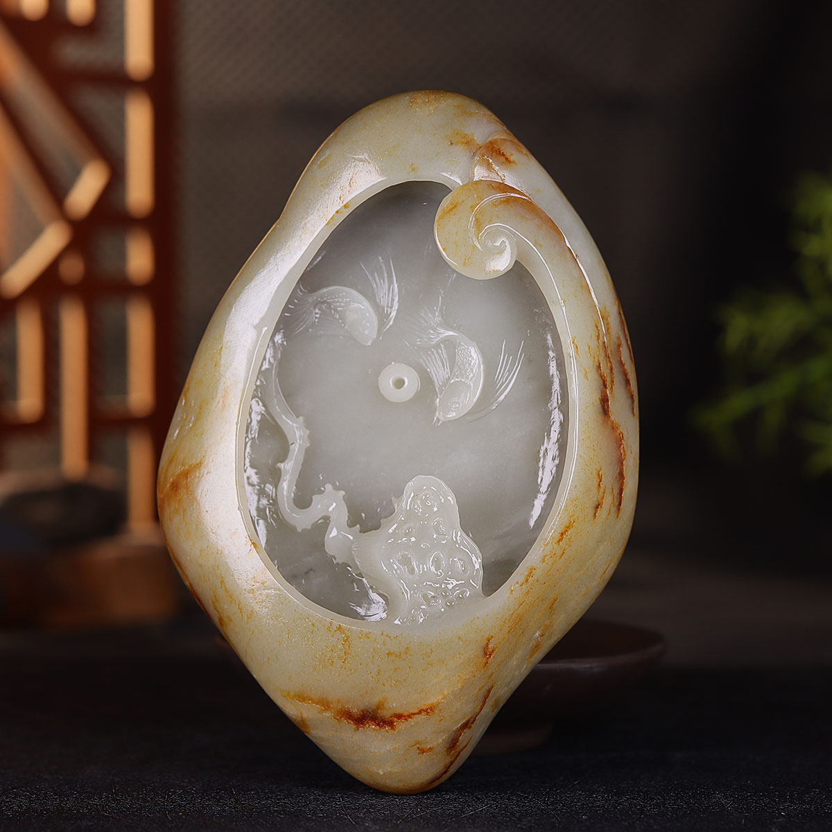 (古晨珠宝)新疆和田玉白玉籽料独籽笔洗香插摆件鱼戏莲间279g