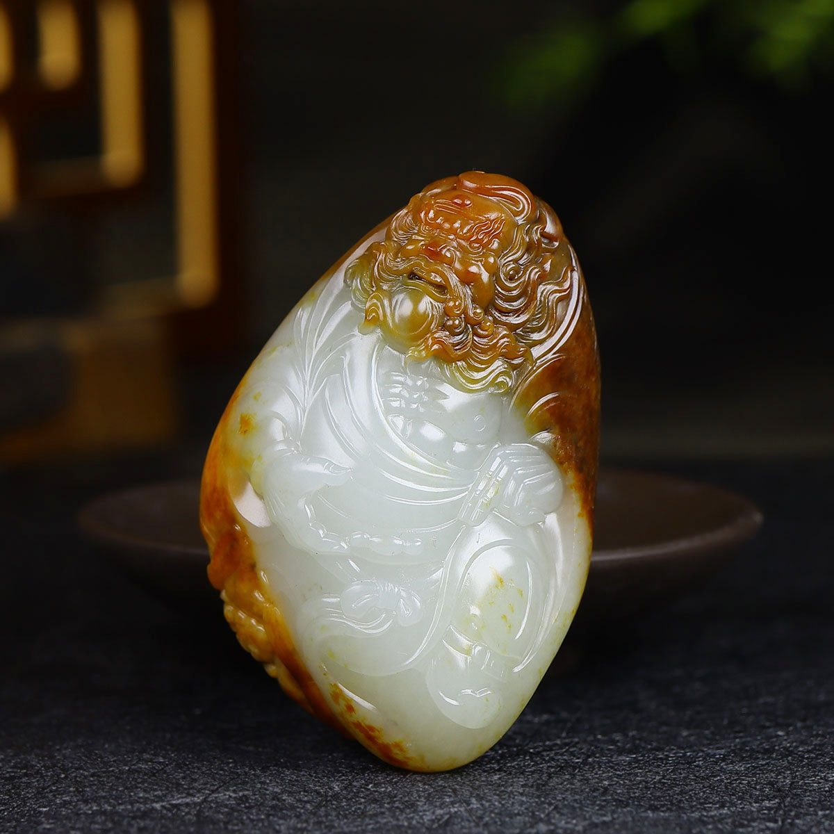 （古晨珠宝）新疆和田玉黄沁白玉籽料钟馗把件手玩天师赐福120g