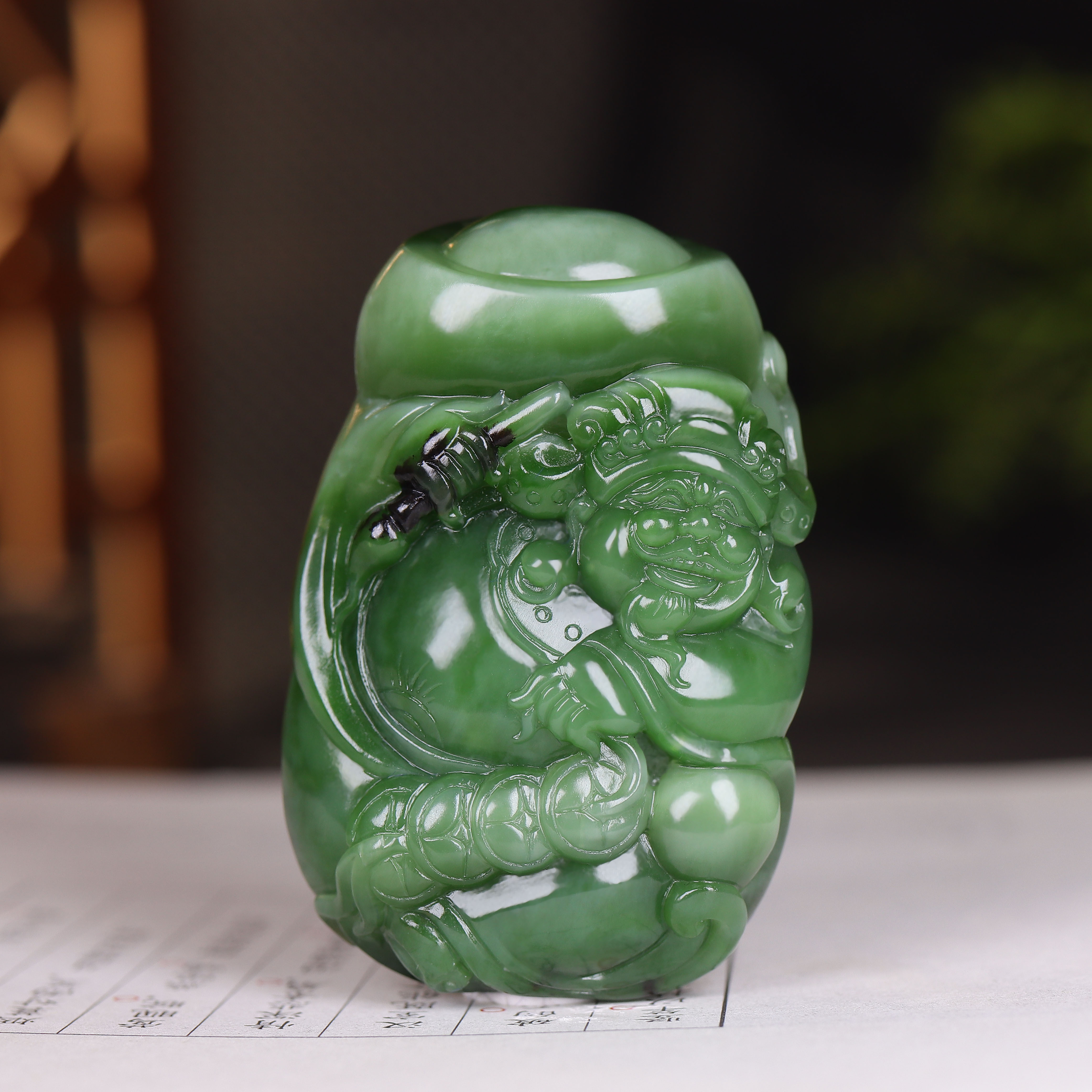 (古晨珠宝)俄罗斯和田玉猫眼碧玉财神挂件吊坠玉坠招财进宝84g