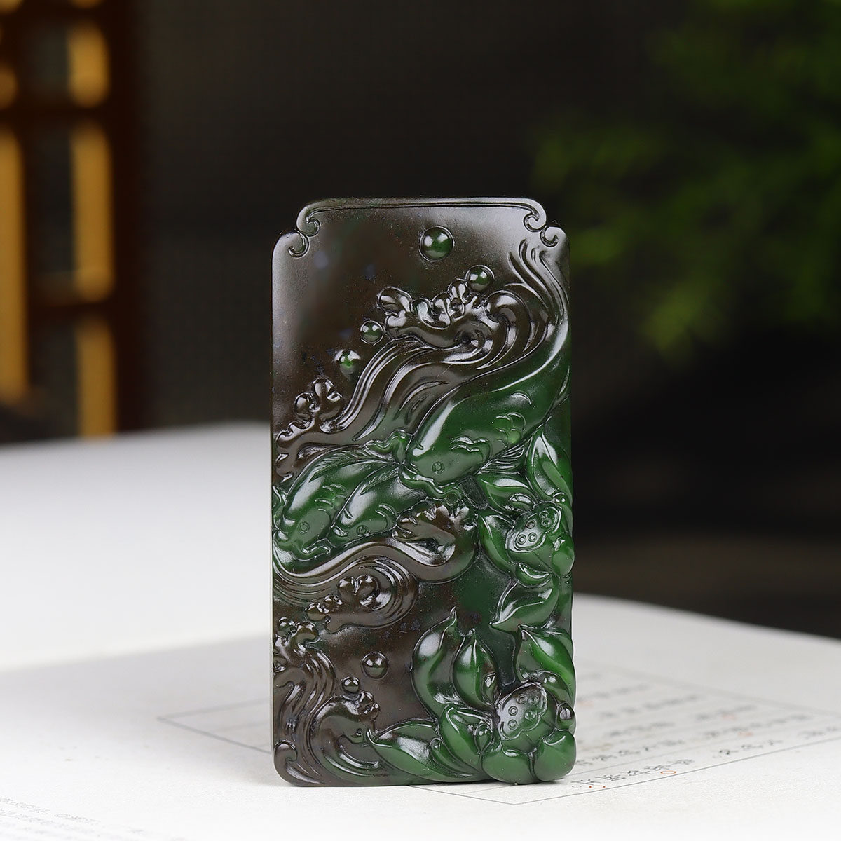 (古晨珠宝) 俄罗斯和田玉聚红皮碧玉莲花鱼挂件吊坠玉坠73g