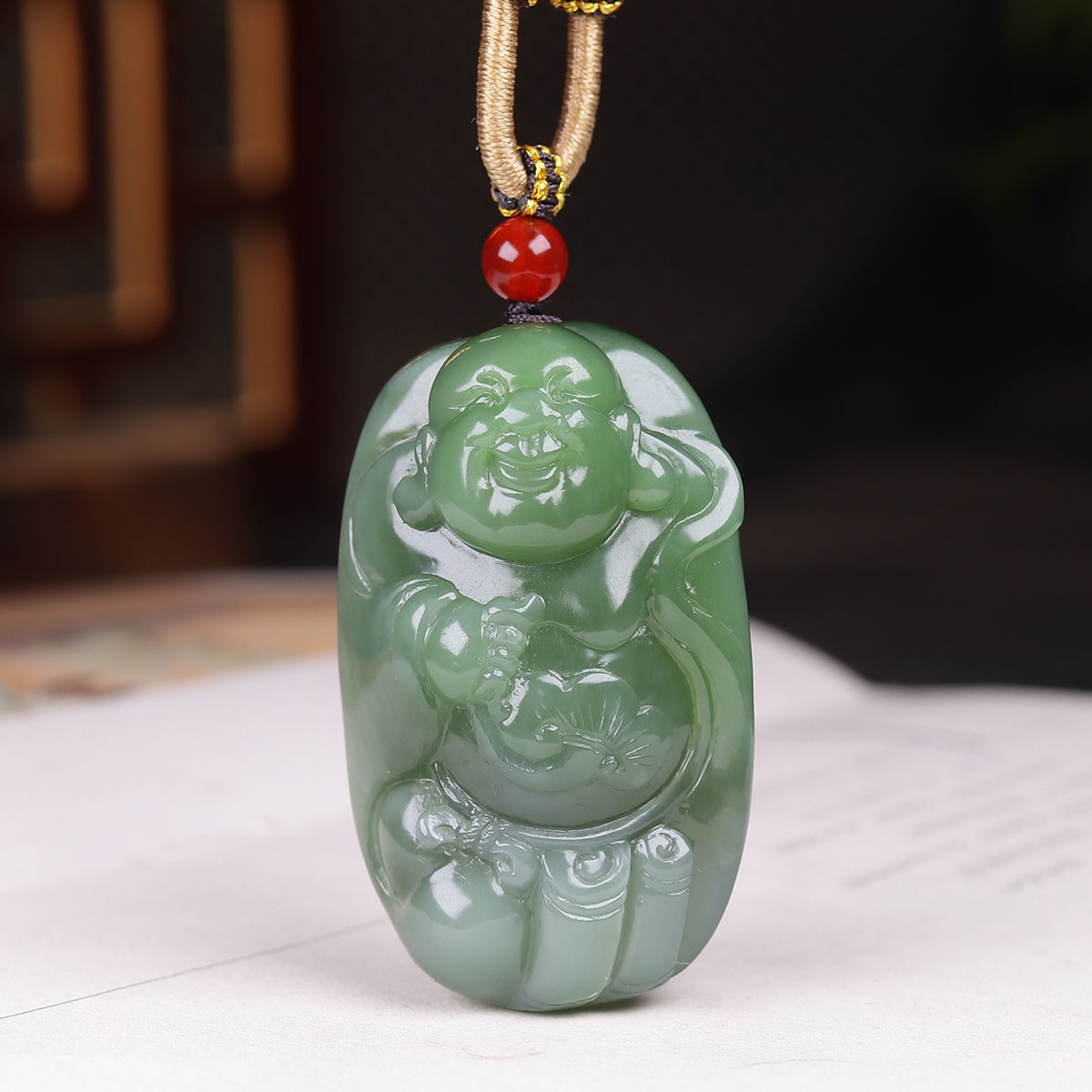 (古晨珠宝) 俄罗斯和田玉碧玉弥勒佛挂件玉坠吊坠有福相伴42g